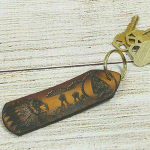 Indian Chief Leather Keychain Key Chain Fob Holder Key Ring Keyring Gift Brown